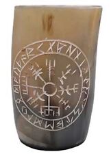 Buffalo Horn Drinking Mug Runes Viking Compass Carved 4 1/4 Inches One of a Kind picture