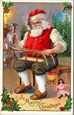 Santa Claus ~in Workshop with Sled~Toys~Antique Christmas Postcard~k403 picture
