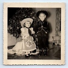 Cowboy Cowgirl Boy Girl Christmas Morning Costume Snapshot Photograph c.1940 3x3 picture