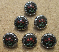 6-Czech Glass 1920's-1930's HP Green/Red Iris & Silver Border-Black Buttons #162 picture