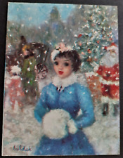Vtg 1950s Jeffe Huldah Woman & Santa Hallmark Christmas Card, unused picture