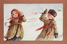 LEBEDEVA. Winter. Russian Rural KIDS snowball game Tsarist Russia postcard 1910s picture