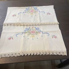 Vintage Hand Embroidered Pillowcases With Flowers And Basket. Pair picture