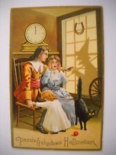 HALLOWEEN WITCH SHADOW SCARES FAMILY antique unused embossed postcard CHROMO picture