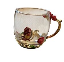 ARC Clear Glass Tea Cup Coffee Mug Red Rose & Butterfly Enamel Jeweled picture
