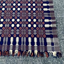 Antique overshot coverlet red on navy blue wool 74 by 83 with center seam picture