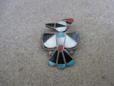 Vintage Native American Zuni Sterling Silver Inlay Turquoise Bird Brooch picture