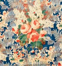 CLARENCE HOUSE JEAN MONRO Rose & Fern Blue  Cotton Chintz Remnant New picture