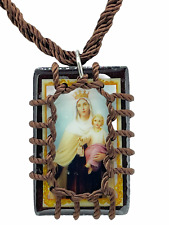 Virgen del Carmen Escapulario Cadena Hilo Nylon Madera Medalla Cafe Hecho a Mano picture