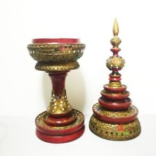 Vintage Tall Removable Lid Container Lid Wood Accessory Thai Culture Decor 24