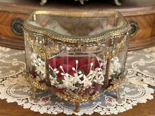 RARE LG Antique FR VICTORIAN JEWELRY CASKET CURVED BEVELED GLASS BRASS SWAGS BOW picture