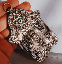 Rare Ancient Antique Moroccan Double Judaica Hamsa silver Large Amulet Pendant picture