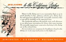 c1960 California Zephyr On Board Dinner Reservation Card Burlington Rio Pacific picture