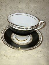 Salisbury - Bone China Tea Cup Saucer - Black & Gold England Vintage picture