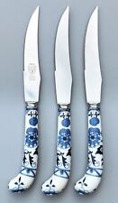 Vintage Prill Sheffield England Steak Knives (x3) Stainless Blue White Porcelain picture