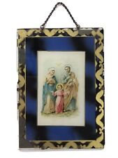 Antique Reverse Glass Painting Sacred Jesus,Mary and Joseph-Cobalt Blue Edge 5X7 picture