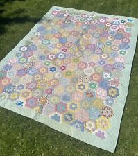 Vintage Grandmas Flower Garden Feedsack Patchwork Quilt Blanket Large Beautiful  picture