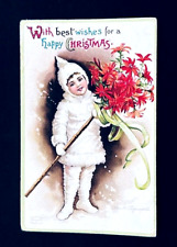 1909 Christmas Postcard - Ellen Clapsaddle Signed Girl in Fur Snow Outfit r9 picture