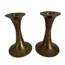 Vintage Brass Low Candlestick Holders Decor Made in India  5”  Set of 2  picture