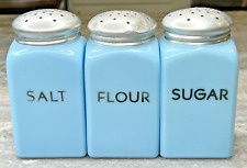 McKee Chalaine Blue Milk Glass 3 Piece Salt, Flour & Sugar Range Shaker Set picture