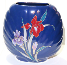 VINTAGE FAN SHELL PORCELAIN VASE w/GOLD TRIM & Hand Painted Floral Iris Design picture