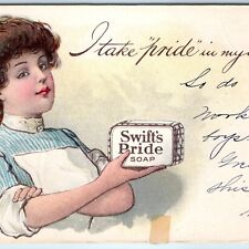 c1900s UDB Swift's Pride Soap Advertising Woman Hold Bar Housewife Postcard A168 picture