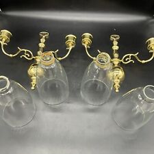 VTG Pair Of Solid Brass Double Arm Candle Wall Sconces With 4 Hurricane Globes  picture