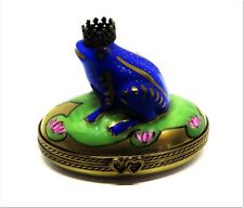 LIMOGES FRANCE BOX -WHIMSICAL BLUE FROG PRINCE & METAL CROWN- LILY PAD & FLOWERS picture