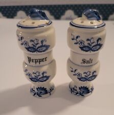 Vintage Blue Onion Salt And Pepper Shakers White & Blue Flowers Japan 4