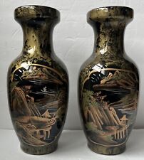 Pair Vintage Ceramic Black & Gold 12.5” Chinese Vases picture