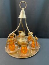 Antique Brass Tea Set ~ (1) Mini Teapot (6) Glasses (6) Spoons w/Serving Tray picture