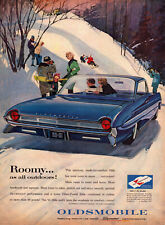 A7 1961 Oldsmobile 98 Coupe Blue Car Sledding Hill Art  10'' X 13'' Vtg Print Ad picture