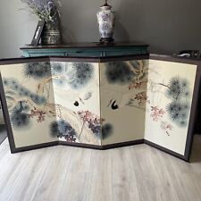 Vintage MCM Four Panel Chinese Folding Screen Crane Birds Painted 72 X 36 Inch picture