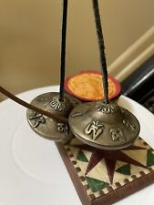 Hand Carved Brass and Leather String Buddhist Tingsha Cymbals Silk Vintage picture