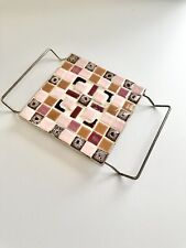 VTG Retro 1950s Ceramic Tile Mosaic Art Hot Plate Trivet w/ Handle. Pinks picture