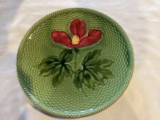 Antique German Majolica Bright Green Basketweave Hibiscus Plate picture