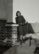 Pretty Woman On Steps Leaning On Wall B&W Photograph 2.25 x 3.25 picture