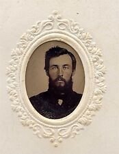 1/9 Plate to Gem Tintype Military Man? Bearded Stern Looking Antique Photo picture