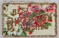 Greetings~Birthday~Large Letters~Daisies~Wild Roses~Vintage Postcard picture