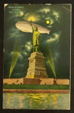 Statue of Liberty ay Night Zeppelin Postcard Blimp Airship 1931 Budapest picture