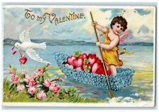 1909 Valentine Angel Boating Flowers Hearts And Dove DPO Hiattville KS Postcard picture