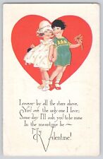 Postcard Valentine Greeting Boy & Girl With Flowers & Heart Vintage Winsch Back picture
