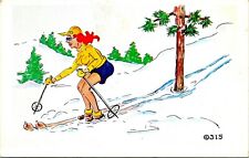 Vtg Kromekolor Comic Postcard Woman Skiing Around Tree  picture