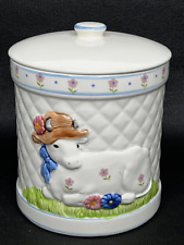 VTG Ceramic Biscuit Jar Canister 6” Josef Originals Kitschy COW Quilted Korea picture