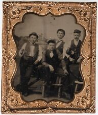 CIRCA 1870s 1/4TH PLATE CASED TINTYPE FOUR HANDSOME YOUNG MEN SMOKING TOBACCO picture