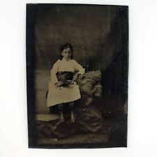 Girl Holding Hand Fan Tintype c1870 Antique 1/6 Plate Child Rock Photo H941 picture