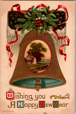 Vintage C. 1909 Wishing You Happy New Year Christmas Bell Cottage Postcard PA picture