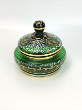 Vintage Hand Painted Gold/ White  Green Glass Trinket Box Made In Italy picture