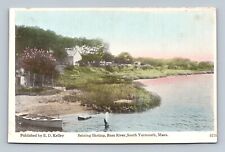 Bass River, Yarmouth MA Mass postcard, Seining Shrimp, boat picture