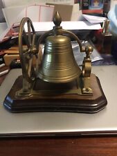 Nice Vtg Heavy Brass Ship's Bell With Mount Pulley Wheel Desk Bell On Wood Base picture